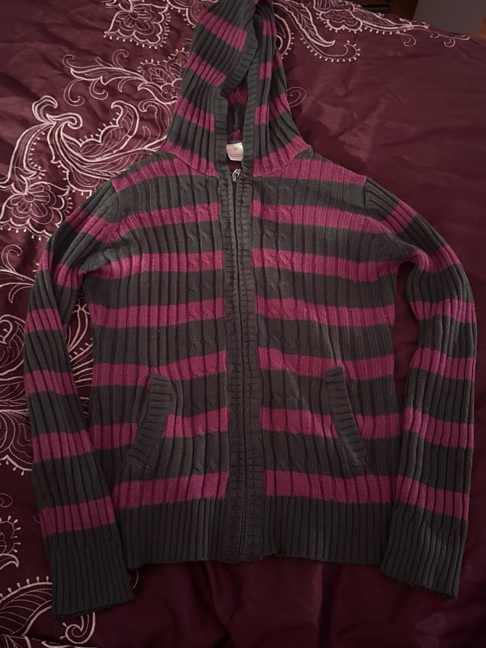 Pink and grey striped zip up sweater